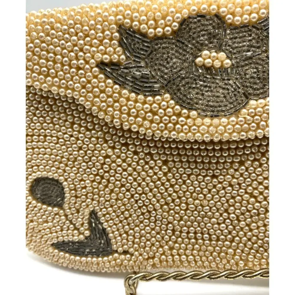 Hato‎ Hasi Beaded Clutch Cream Colored Pearls Floral Purse Japan Vintage Art